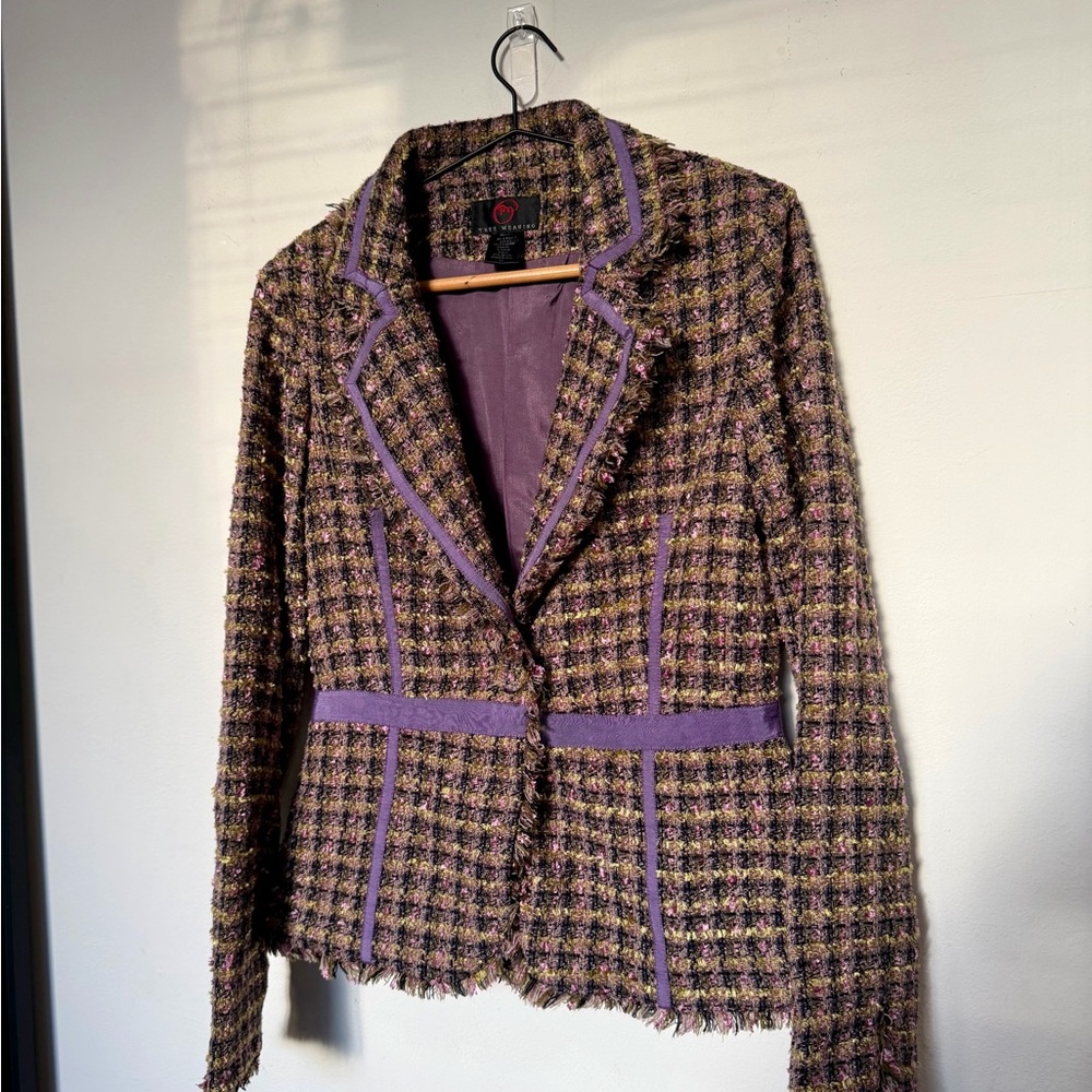 💜✨ True Meaning Tweed Blazer Purple Bouclé Frayed Trim Size M - Picture 3 of 8